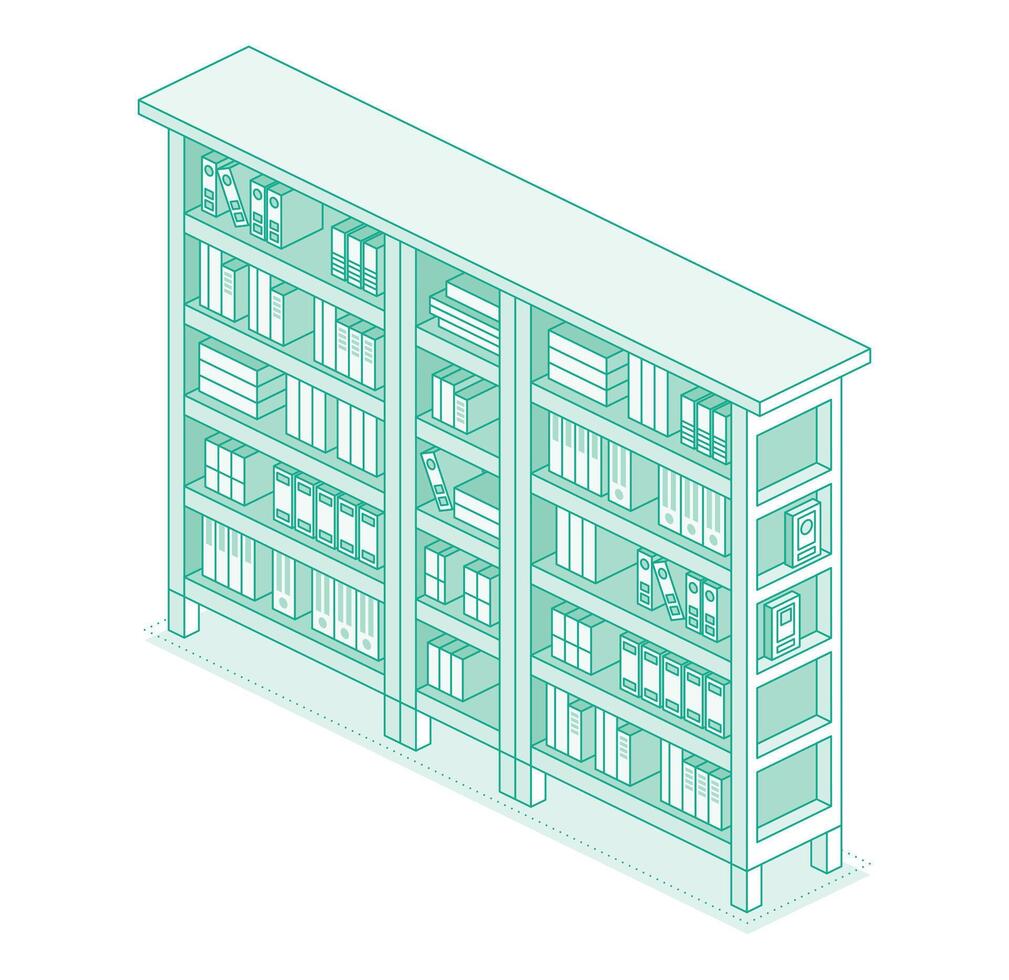 Isometric bookshelf. Outline style with green lines. vector