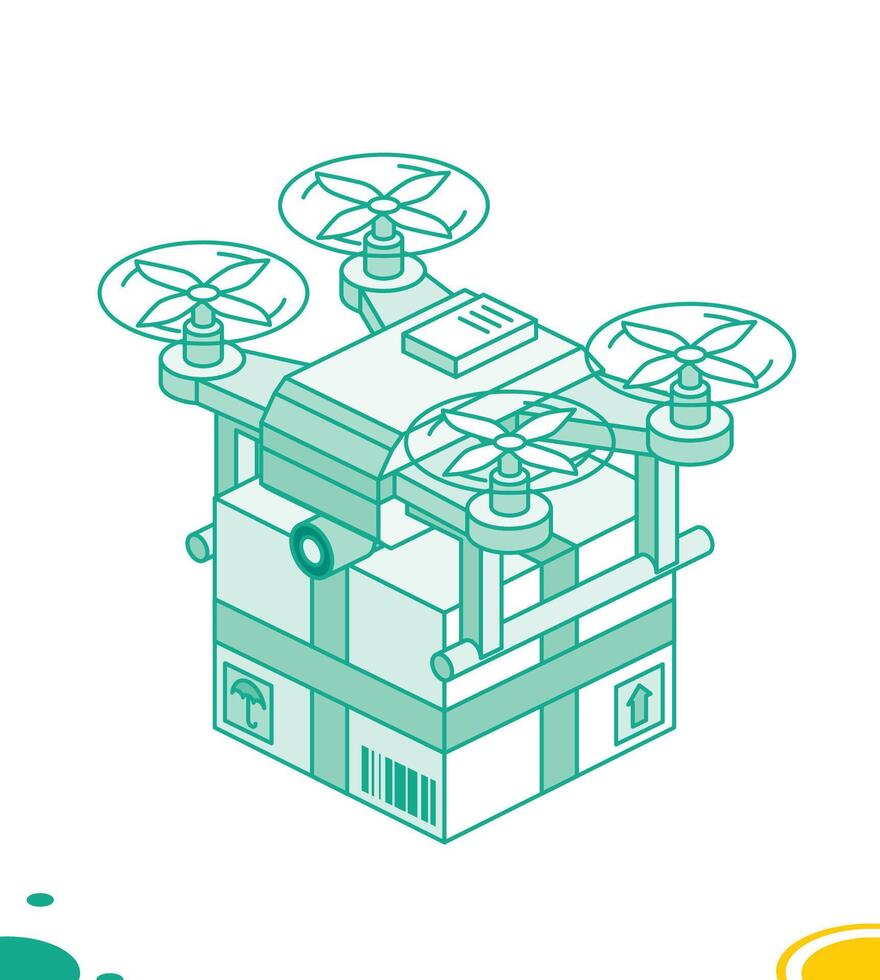 Isometric drone quadcopter with parcel box isolated on white. Outline style. Delivery of goods to the buyer. Futuristic transportation logistic technology. Air delivery service. vector