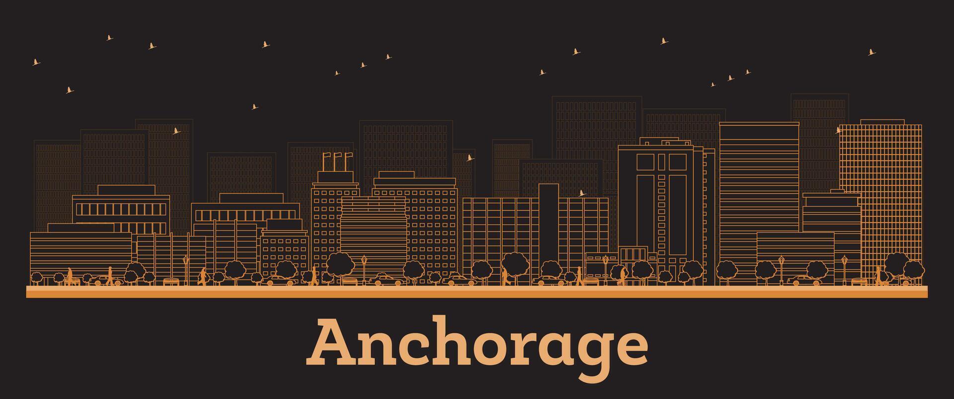 Outline Anchorage Alaska City Skyline orange Buildings. Business Travel and Concept with Modern Architecture. Anchorage Cityscape with Landmarks vector