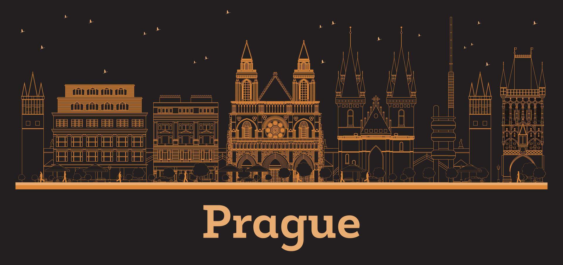 Outline Prague Czech Republic City Skyline with orange Buildings. Business Travel and Concept with Modern Architecture. Prague Cityscape with Landmarks. vector