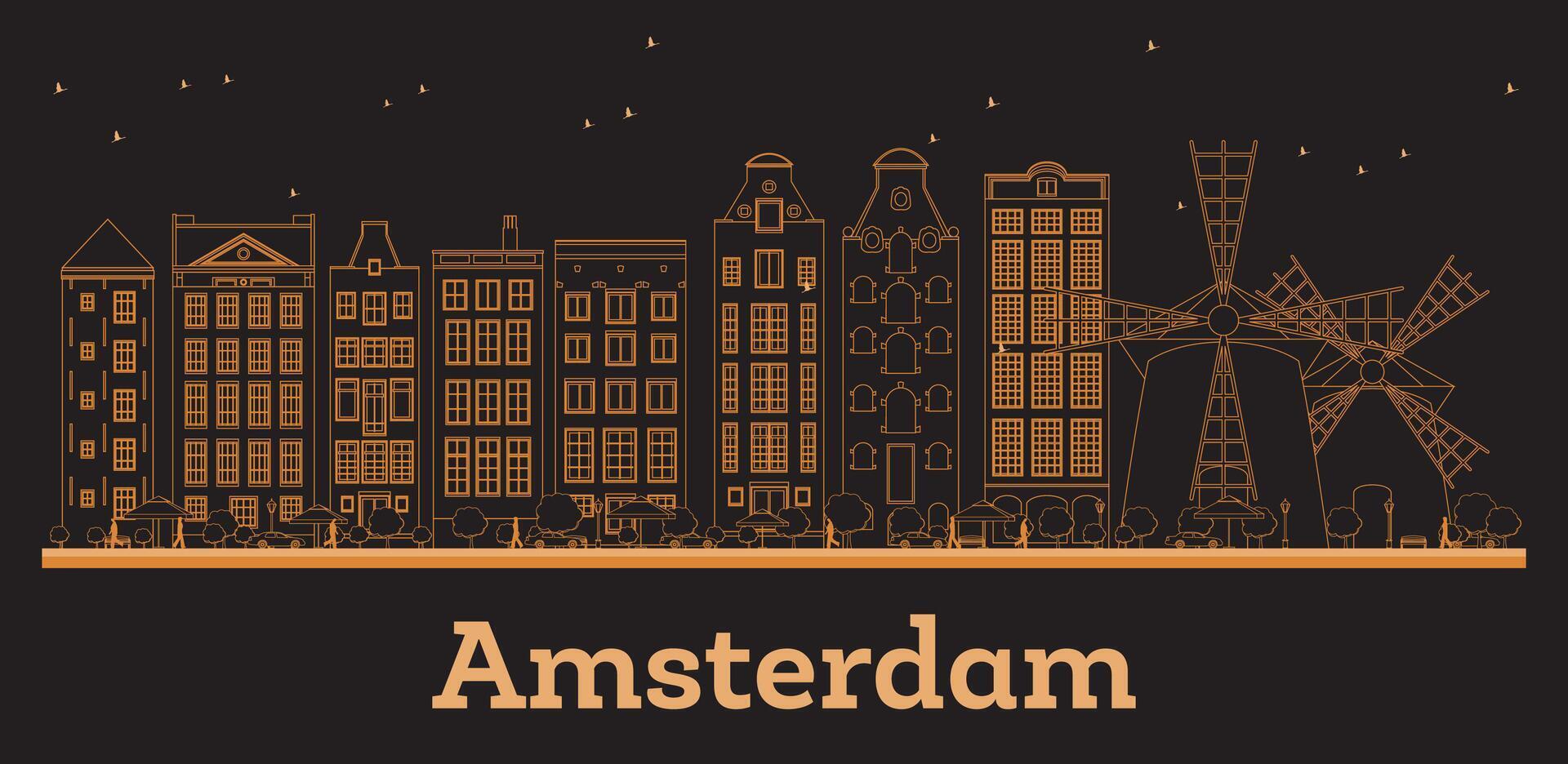 Outline Amsterdam Holland Republic City Skyline with orange Buildings. Business Travel and Concept with Modern Architecture. Amsterdam Cityscape with Landmarks. vector