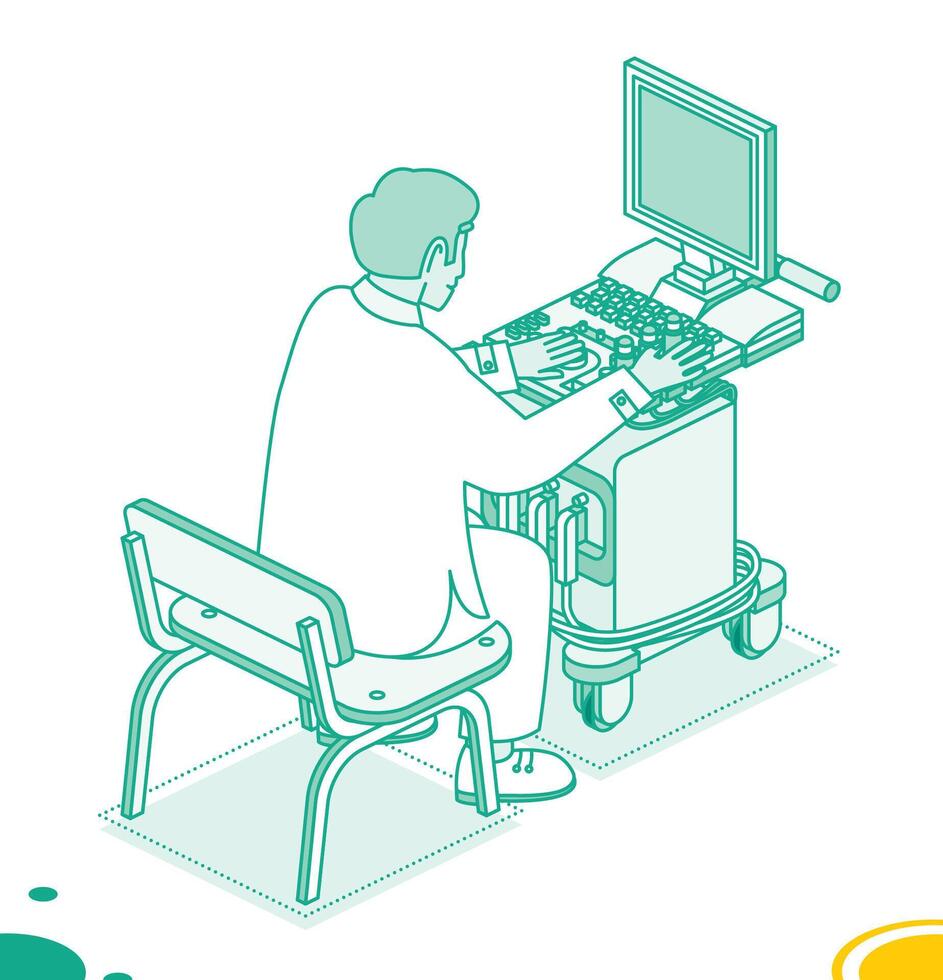 Doctor sits on a chair in front of ultrasound scanner machine. Expert performing ultrasound technology for early detection of illness. Isometric outline concept. Clinic office. vector