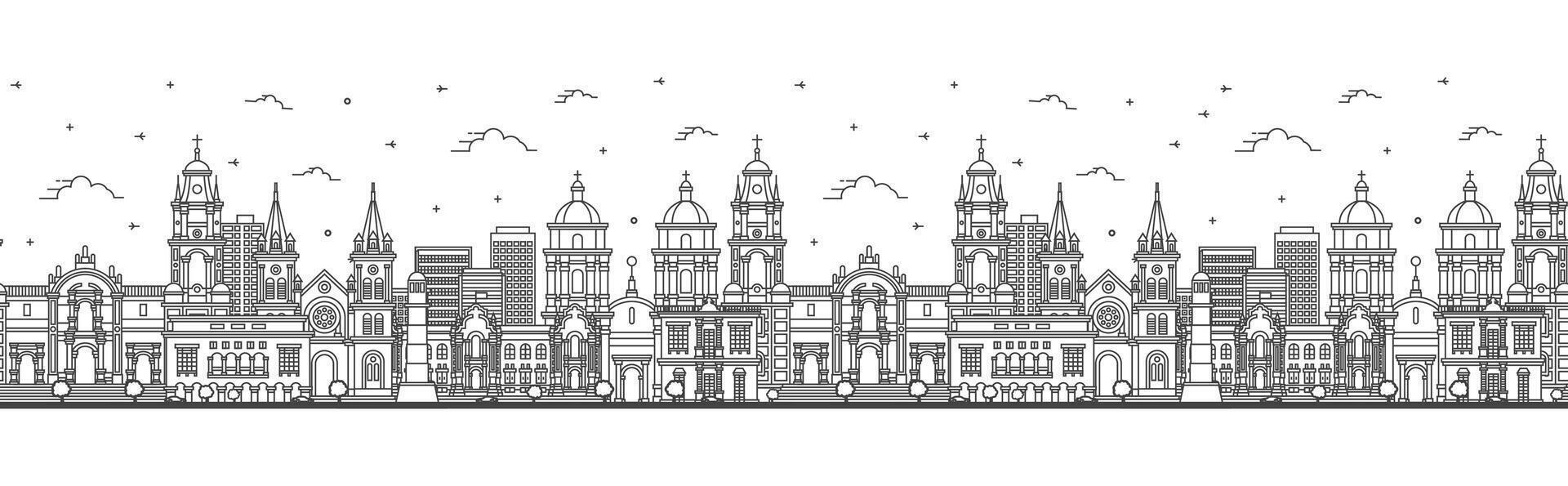 Seamless pattern with Outline Lima Peru City Skyline with Modern and Historic Buildings Isolated on White. Lima Cityscape with Landmarks. vector