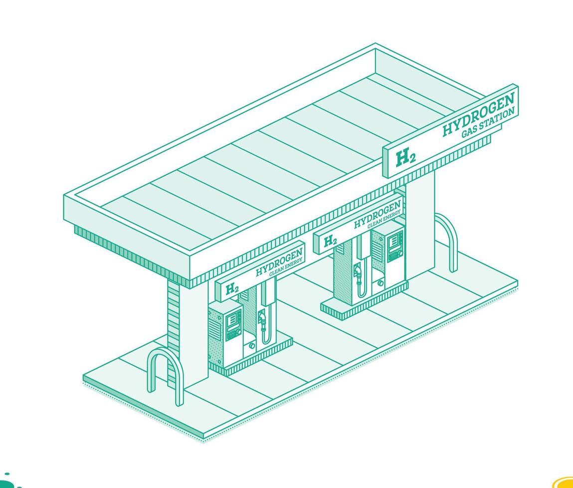 Hydrogen fuel filling station h2. Isometric outline concept. Object isolated on white background. Clean ecology energy. vector
