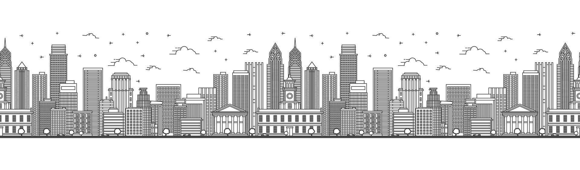 Seamless pattern with outline Philadelphia Pennsylvania City Skyline with Modern and Historic Buildings Isolated on White. Philadelphia USA Cityscape with Landmarks. vector