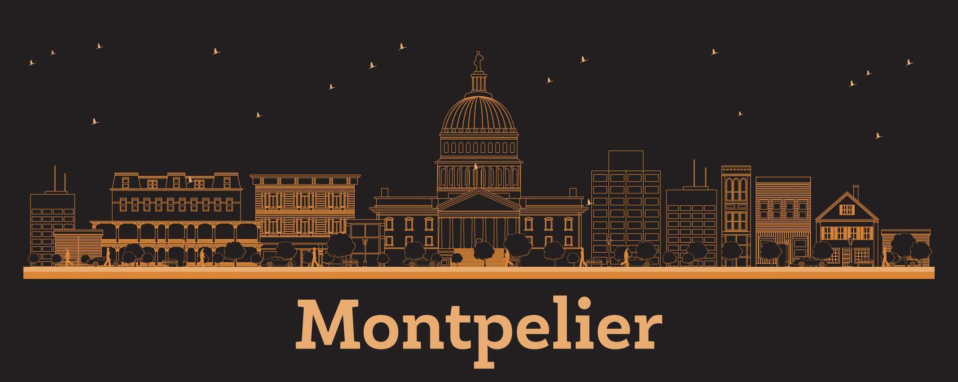 Outline Montpelier Vermont City Skyline with orange Buildings. Business Travel and Concept with Modern Architecture. Montpelier Cityscape with Landmarks. vector