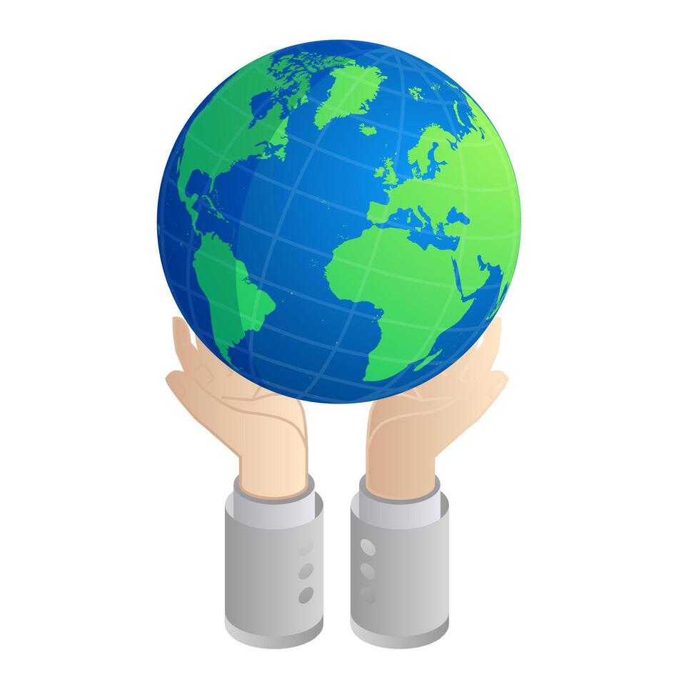 Isometric Businessman Hands Keeping Globe. Environmental Conservation Concept Isolated on White. Illustration. Global Business. vector