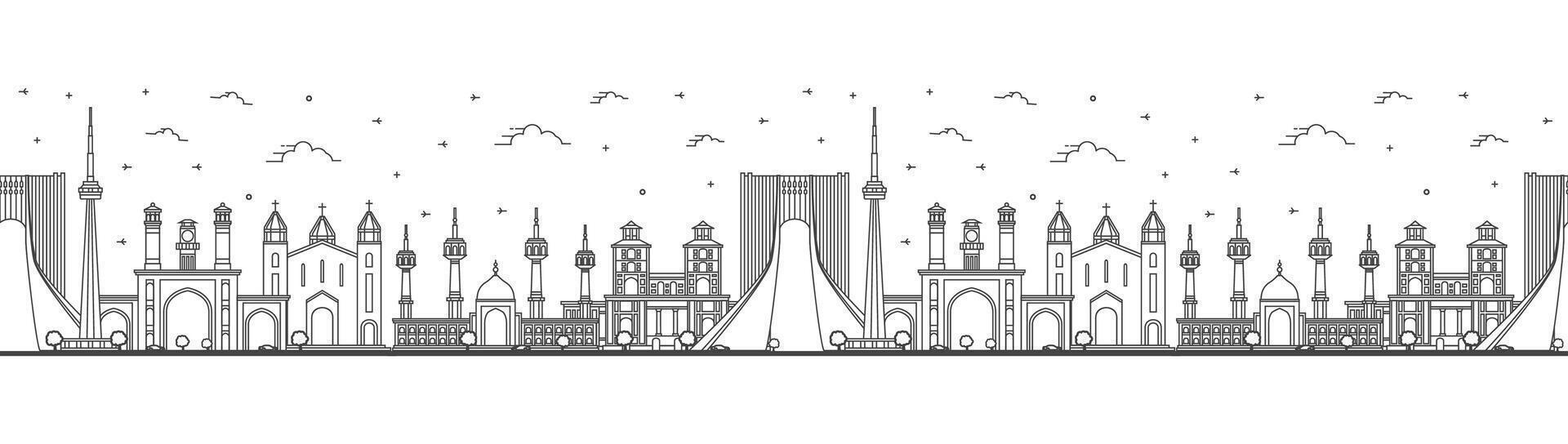 Seamless pattern with Outline Tehran Iran City Skyline with Modern and Historic Buildings Isolated on White. Teheran Persia Cityscape with Landmarks. vector