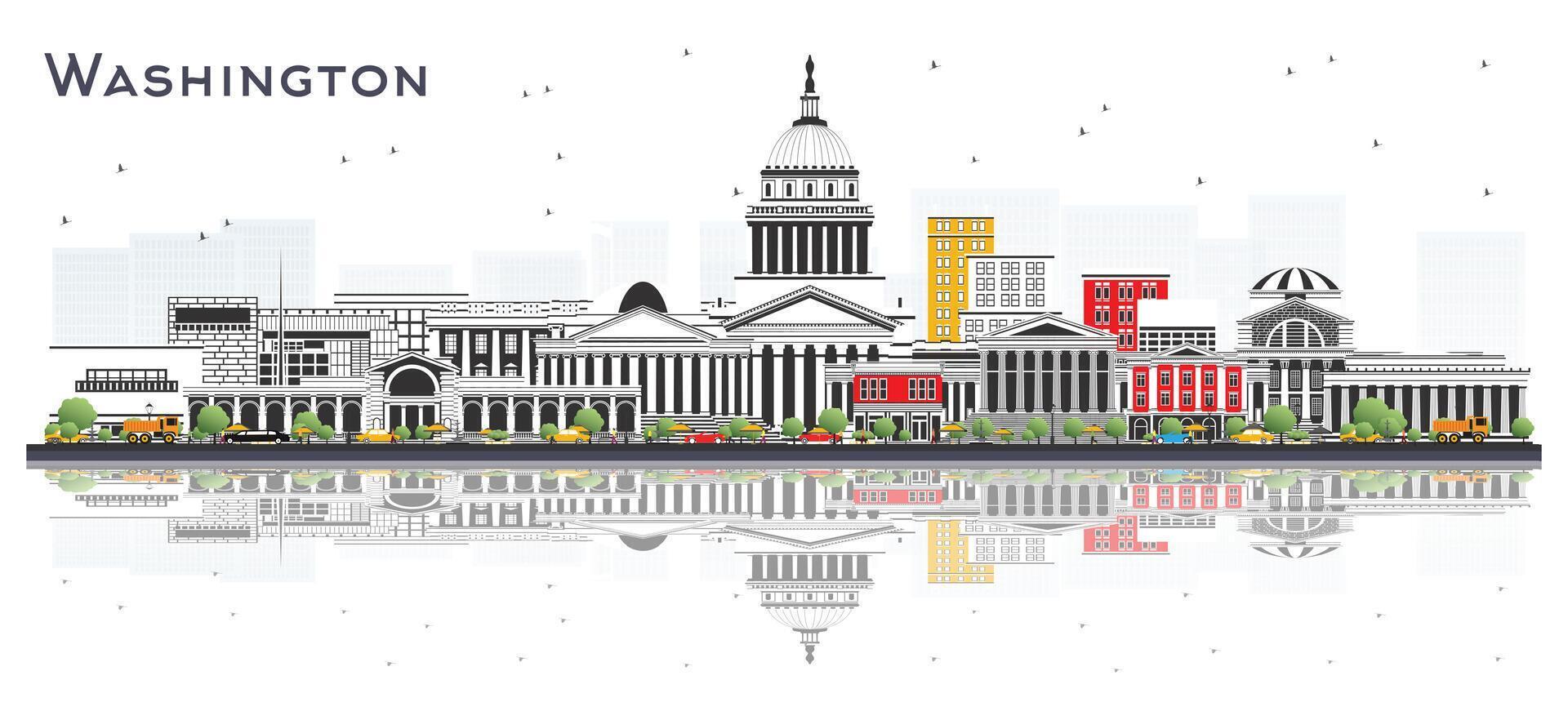 Washington DC USA City Skyline with Gray Buildings and reflections Isolated on White. Business Travel and Tourism Concept with Historic Buildings. Washington DC Cityscape with Landmarks. vector