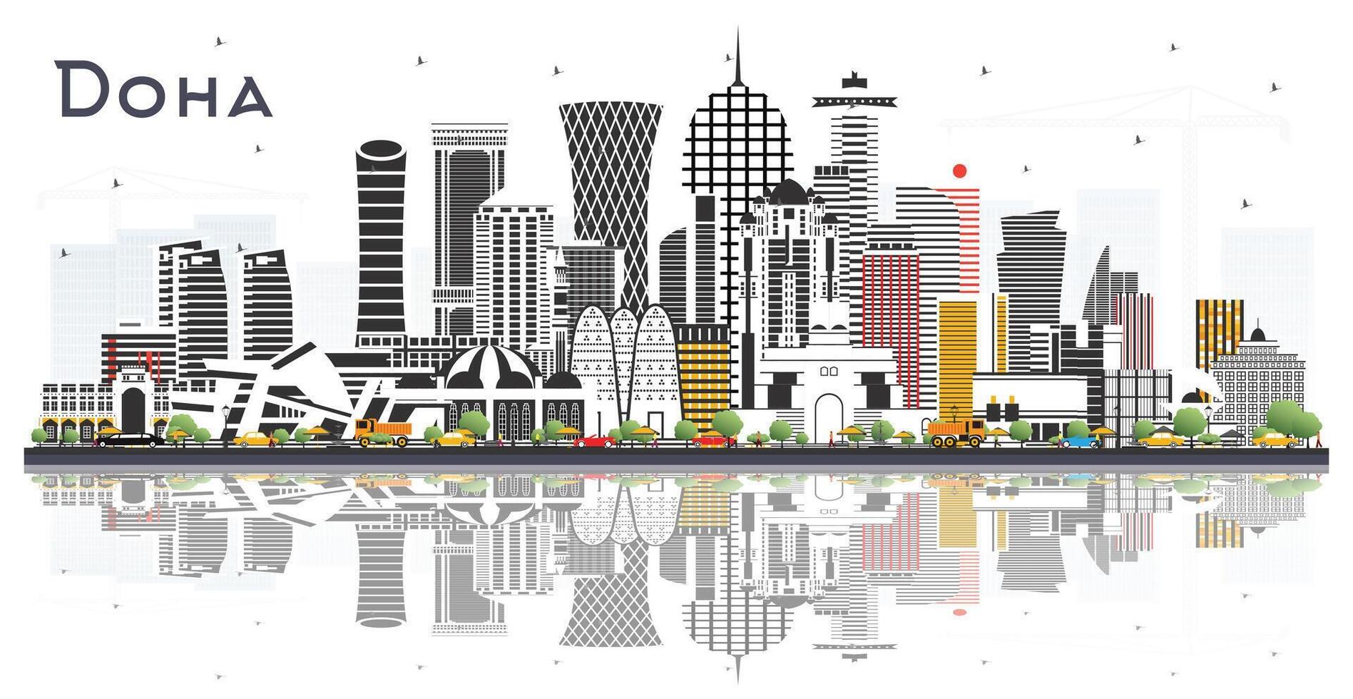 Doha Qatar City Skyline with Color Buildings and reflections Isolated on White. Business Travel and Tourism Concept with Modern Architecture. Doha Cityscape with Landmarks. vector
