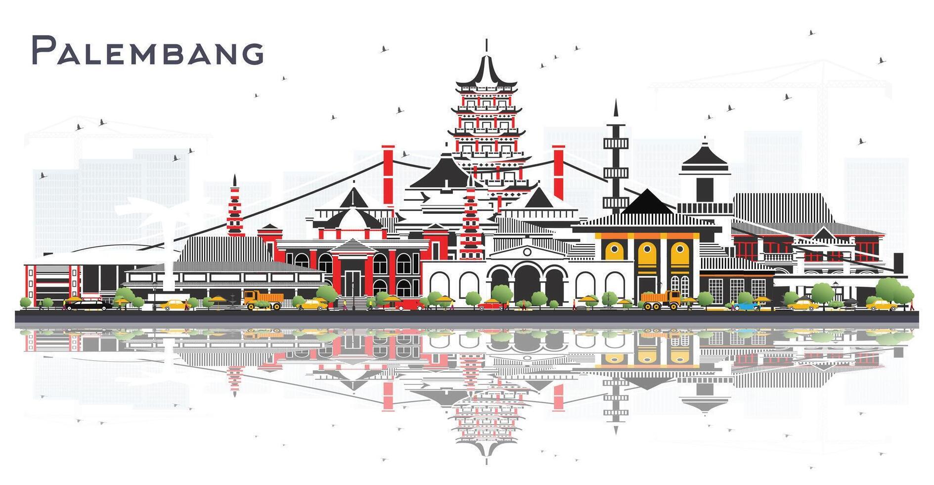 Palembang Indonesia City Skyline with Gray Buildings and reflections Isolated on White. Business Travel and Tourism Concept with Historic Architecture. Palembang Cityscape with Landmarks. vector