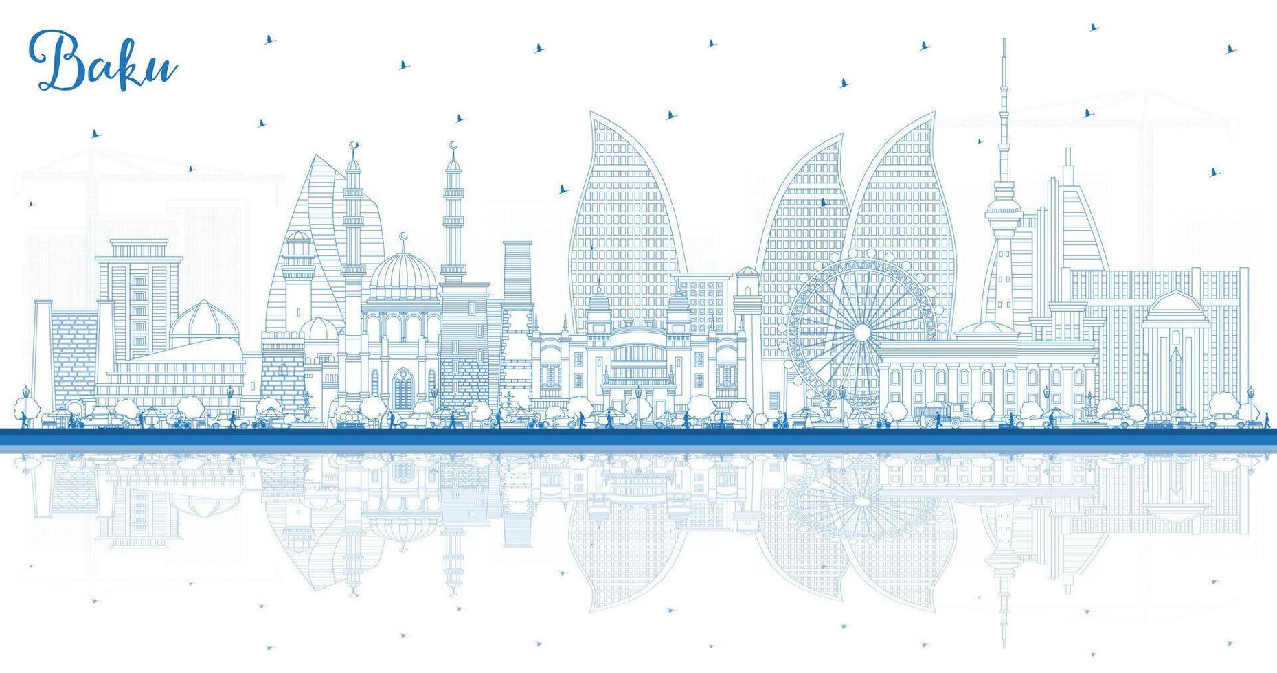 Outline Baku Azerbaijan City Skyline with Blue Buildings and reflections. Baku Cityscape with Landmarks. Business Travel and Tourism Concept with Historic Architecture. vector
