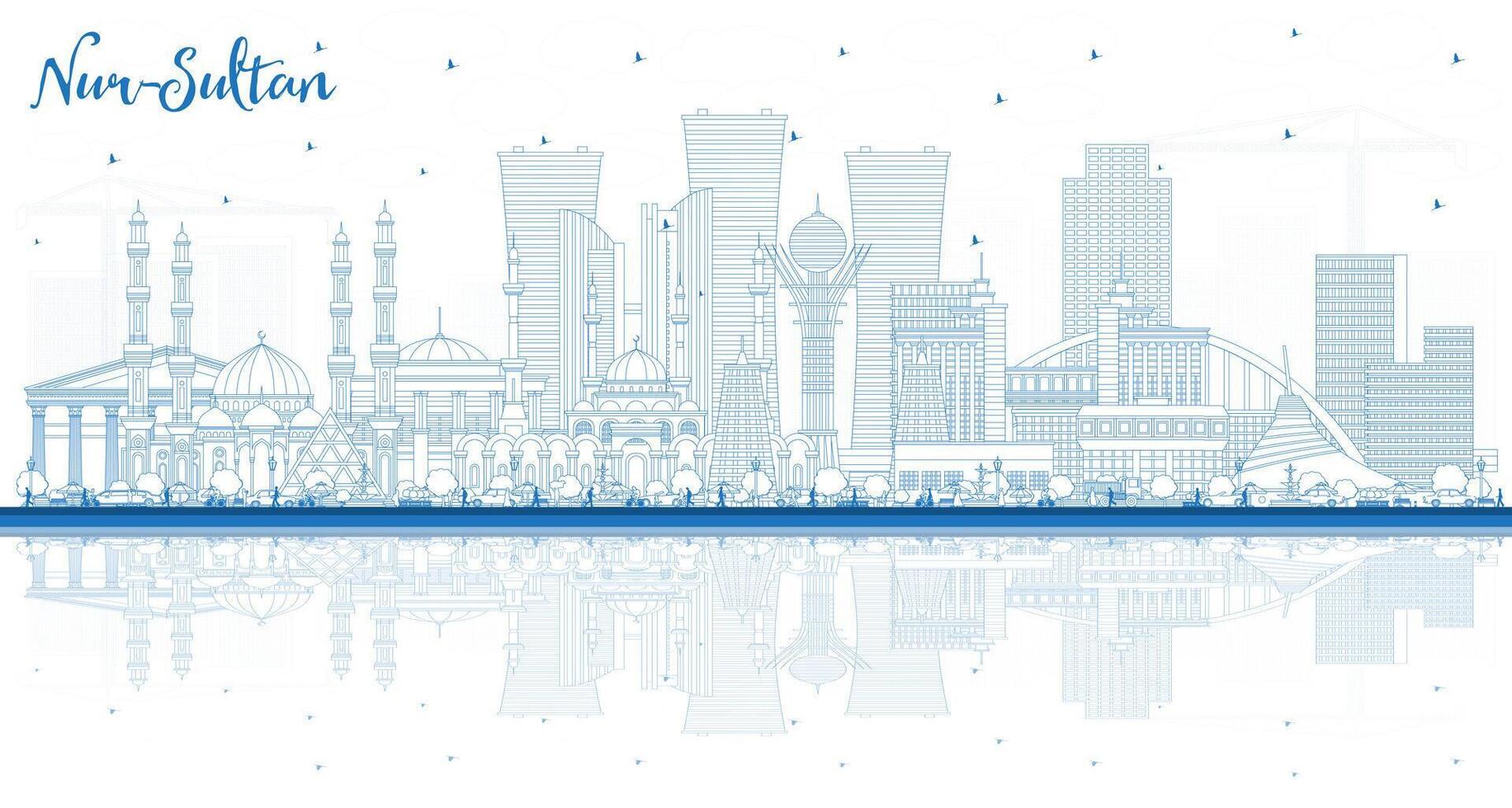 Outline Nur-Sultan Kazakhstan City Skyline with Blue Buildings and reflections. Nur-Sultan Cityscape with Landmarks. Business Travel and Tourism Concept with Modern Architecture. vector