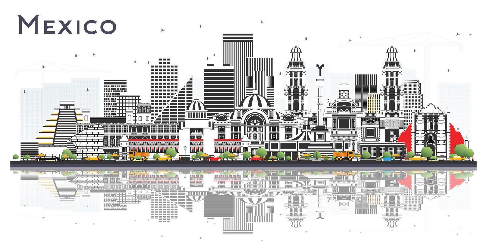 Mexico City Skyline with Gray Buildings and reflections Isolated on White. Business Travel and Tourism Concept with Historic Architecture. Mexico Cityscape with Landmarks. vector
