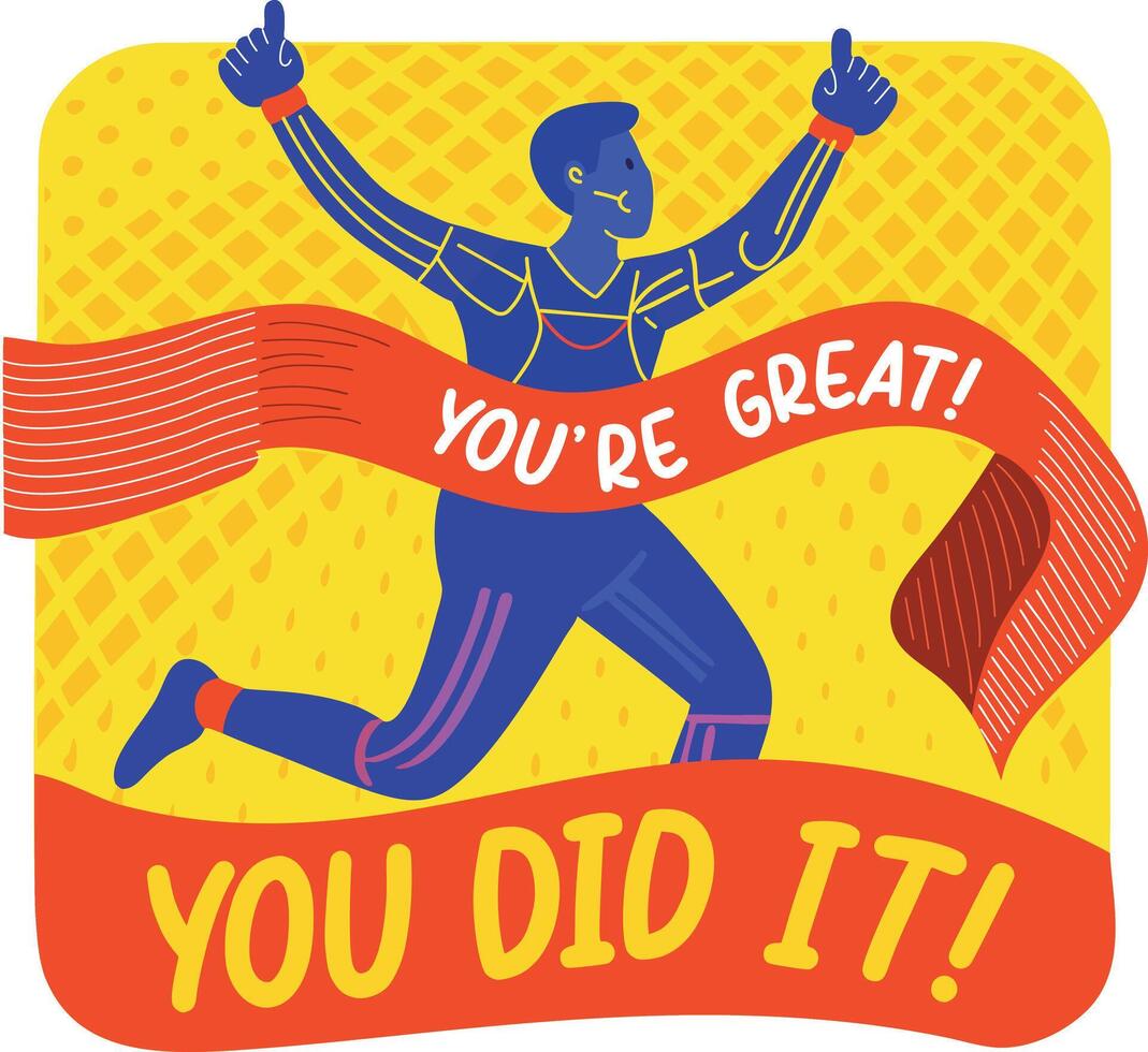 Flat sticker showcasing a winning character with you did it typography vector