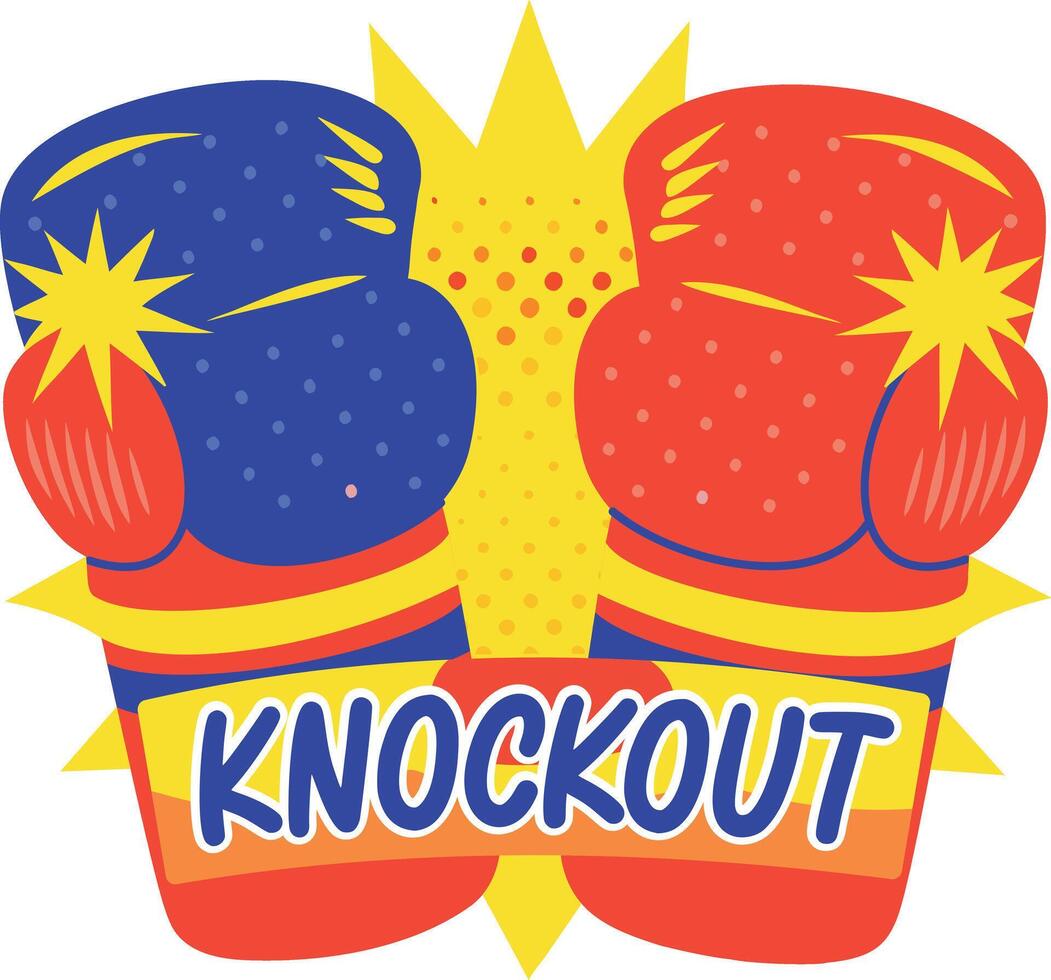 Boxing gloves with knockout text, flat style sticker vector