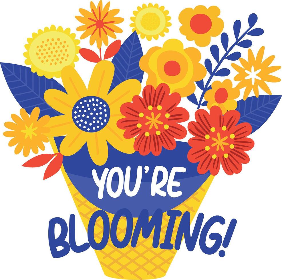 Flat sticker of a flower bouquet with blooming text vector