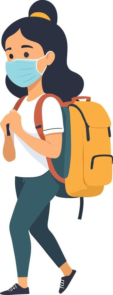 A woman wearing a mask and carrying a backpack vector