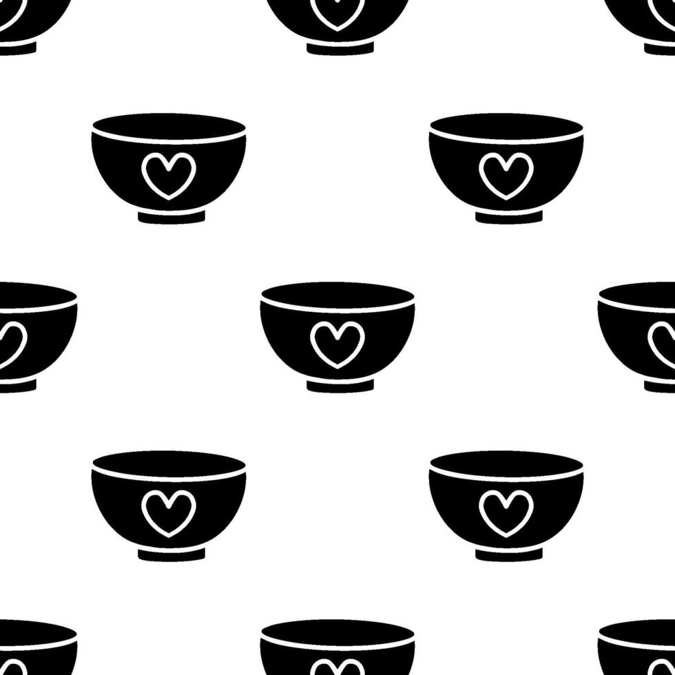 Cartoon heart pattern bowl silhouette seamless pattern. vector