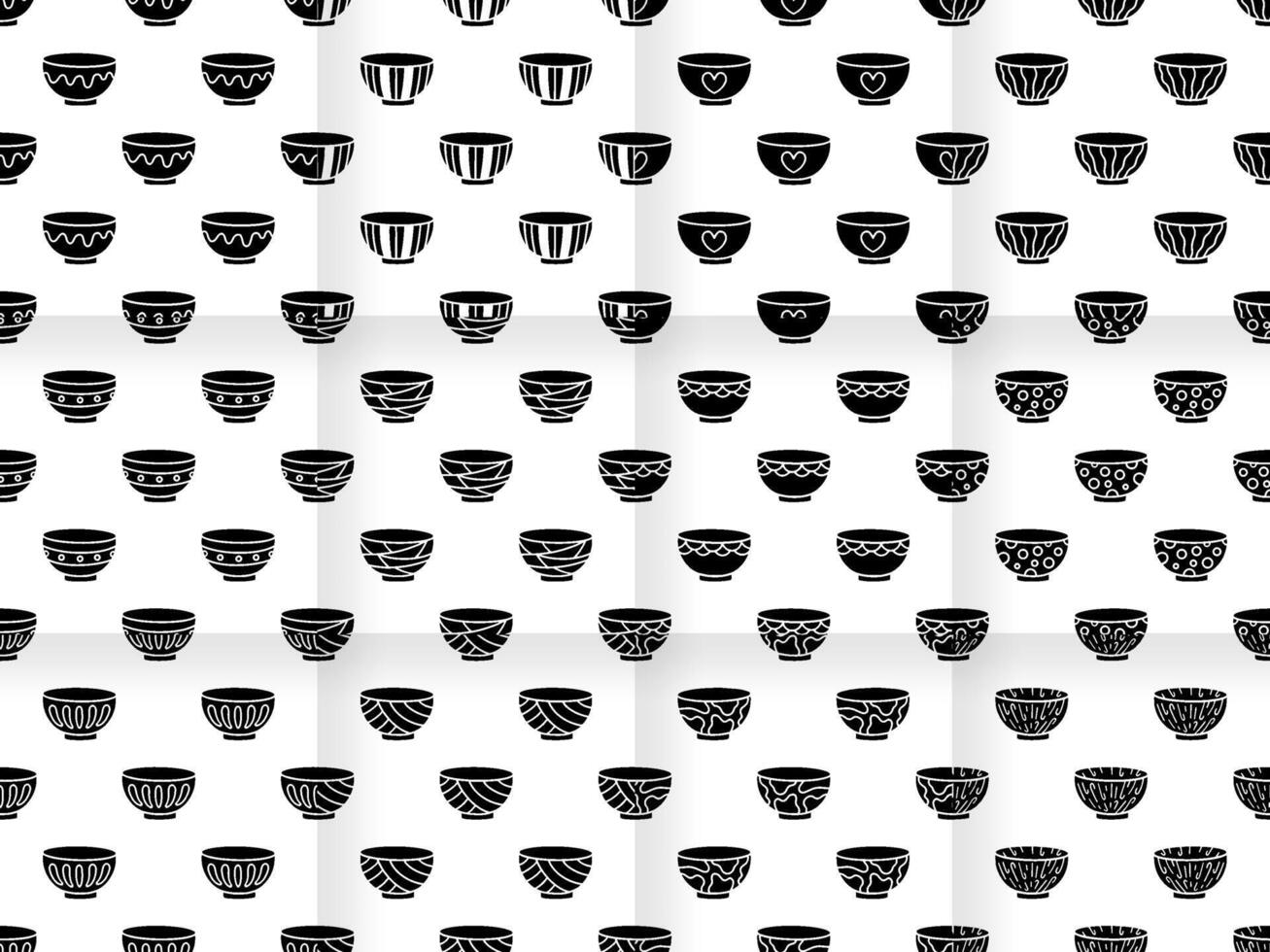 Collection of Cartoon silhouette bowl seamless pattern. vector
