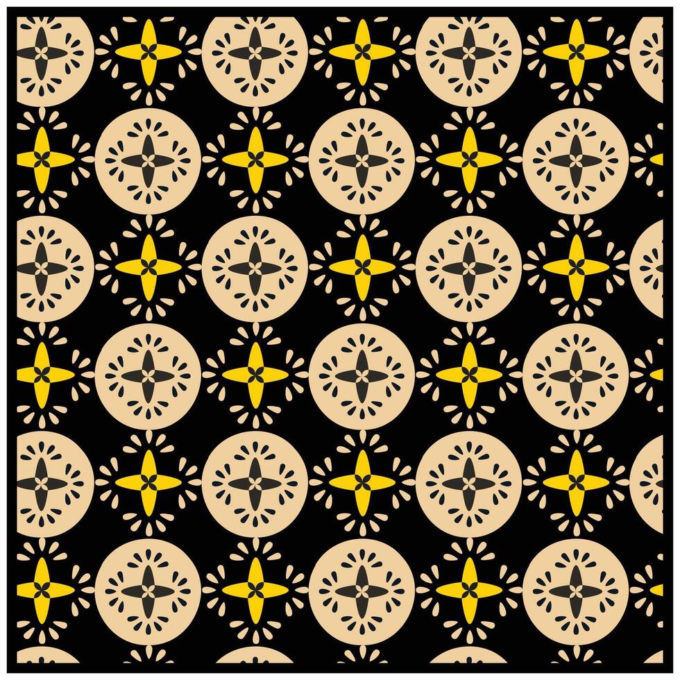 Seamless black pattern with beige and yellow floral motifs, A geometric design composed of yellow and black squares, creating a striking square pattern. vector