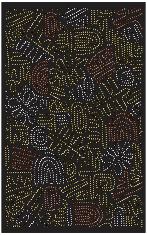 Abstract retro style dot painting with geometric and curved patterns in yellow, orange, and white on a black background. vector