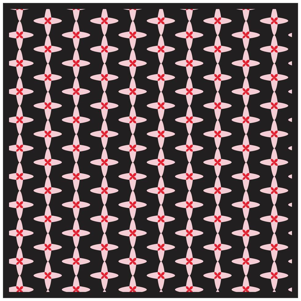 geometric flower shape retro print pattern, Repetitive pattern with vertical chains of red floral motifs on a black background. vector