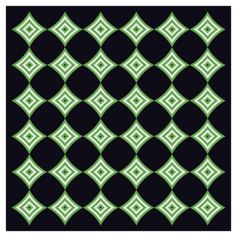 Geometric pattern with green diamonds and wavy lines on a black background. vector