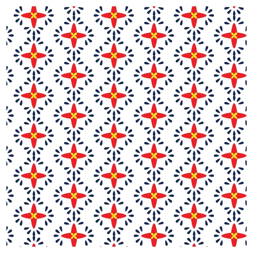 A repetitive floral pattern with red, yellow, and blue elements on a white background. vector