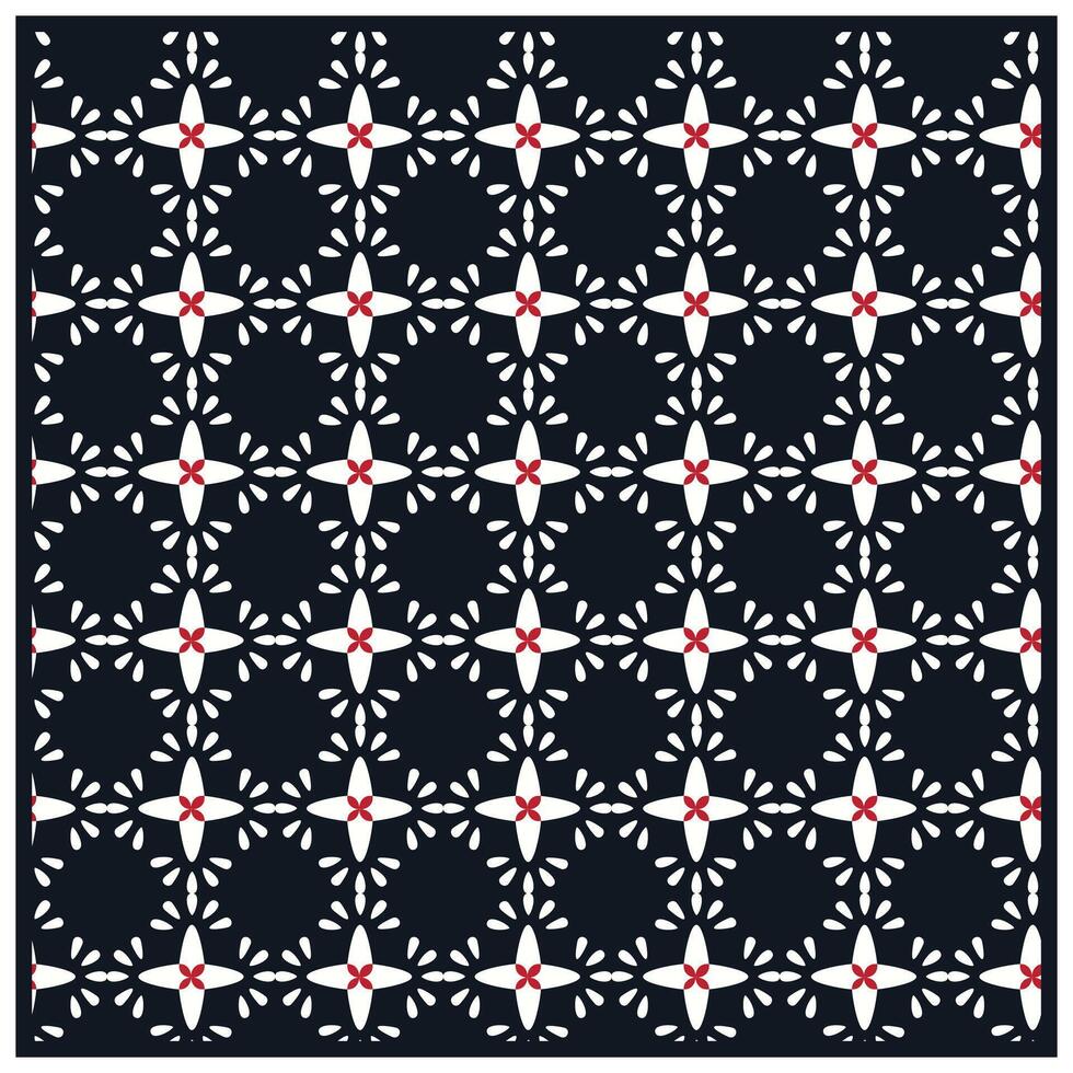 geometric flower shape retro print pattern seamless ornamental pattern with red flowers and white details on a dark background. vector