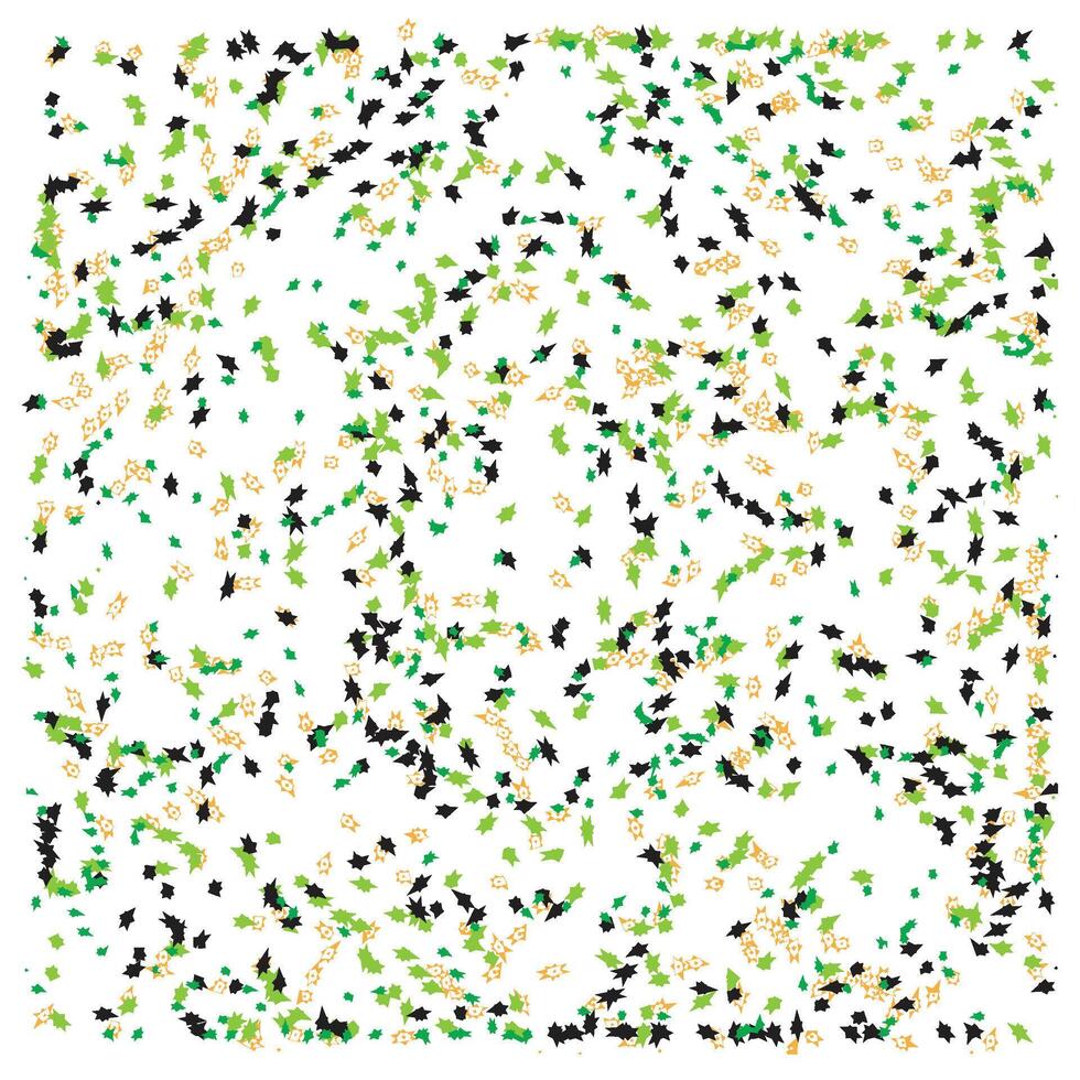 Colorful confetti-like pattern with scattered green, black, and gold stars on a white background. vector