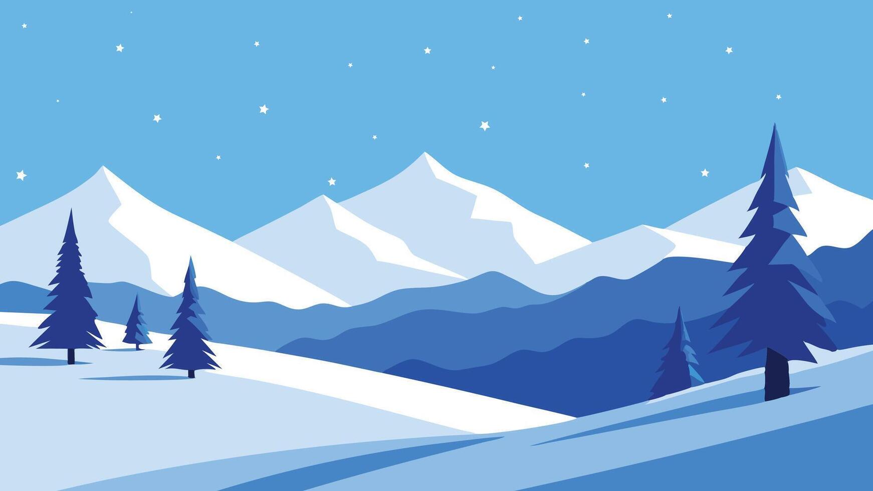 Winter landscape featuring snow covered trees under a clear blue sky, evoking a peaceful, frosty atmosphere. flat illustration natural background vector