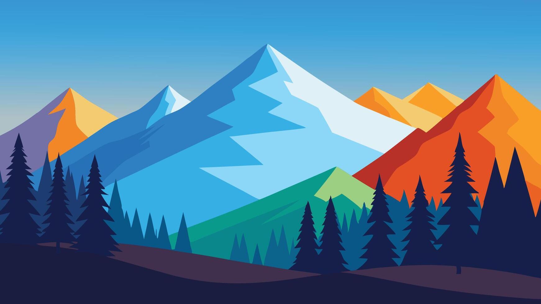 Featuring colorful trees and stunning mountain scenery under a clear blue sky flat illustration natural background vector