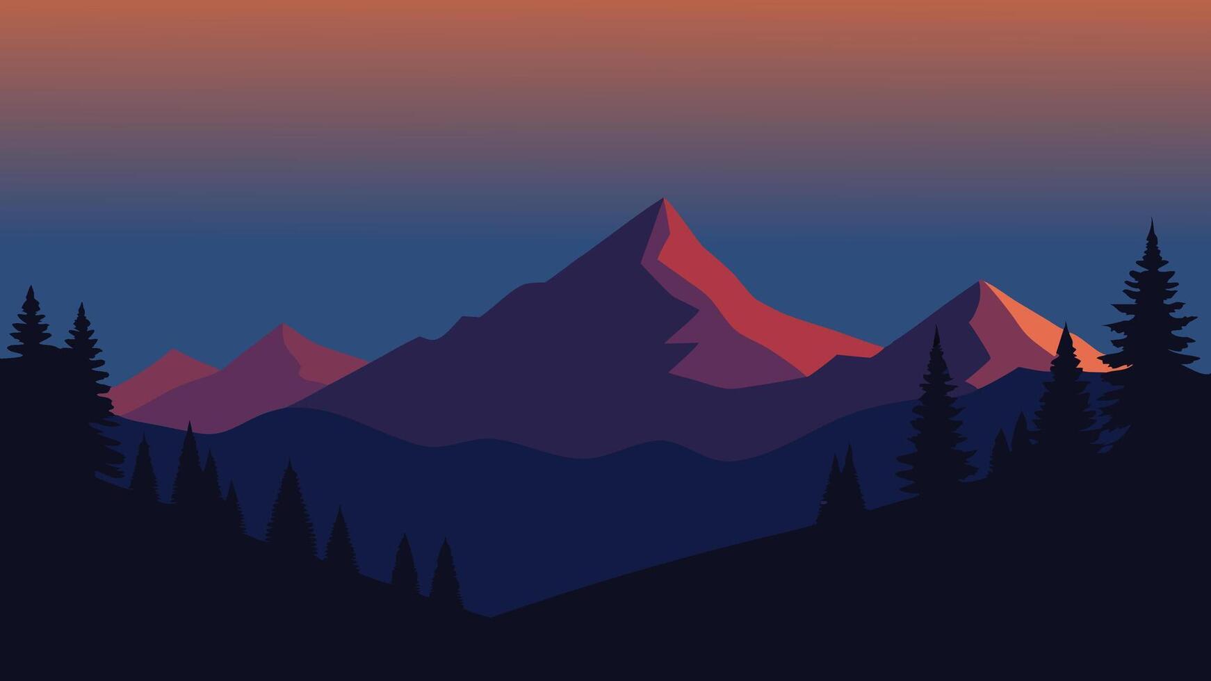 Fantastic evening light in mountain forest flat illustration. vector