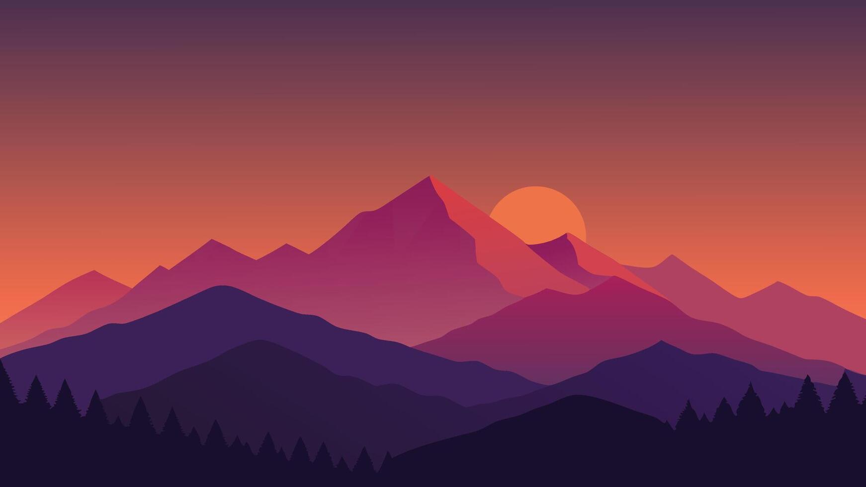 The sun rises majestically over the clouds, illuminating the serene mountain landscape flat illustration vector