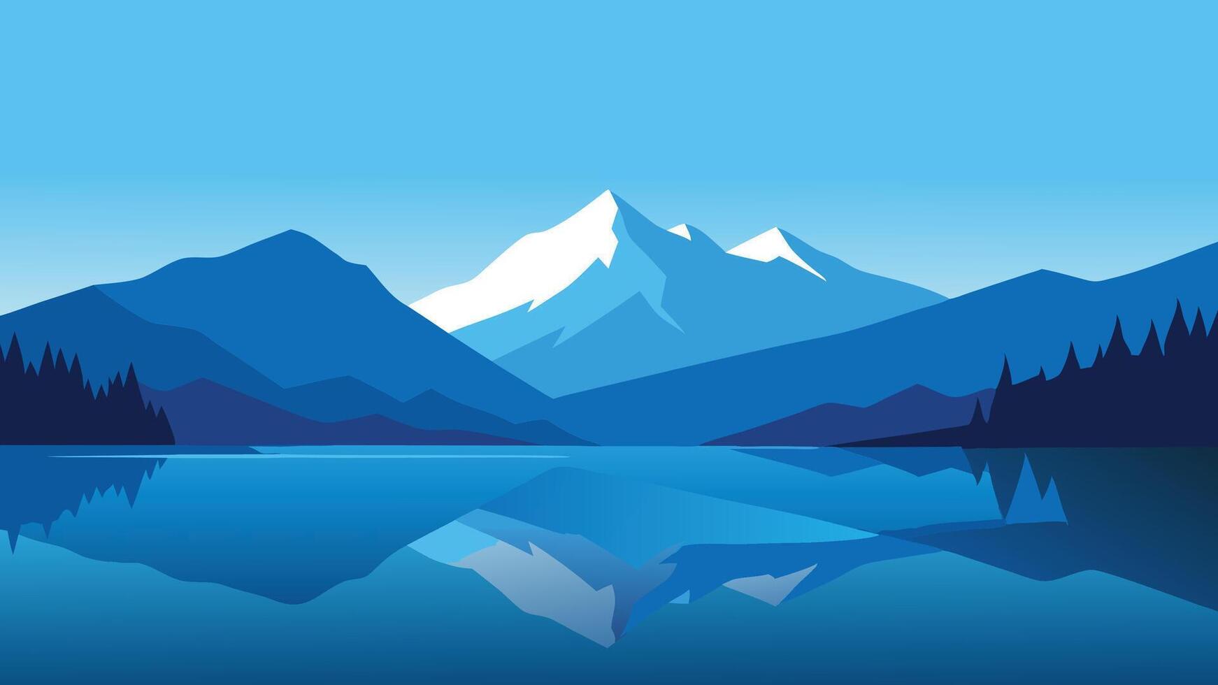 Lake surrounded by majestic mountains under a clear blue sky, reflecting nature's beauty and tranquility flat illustration natural background vector