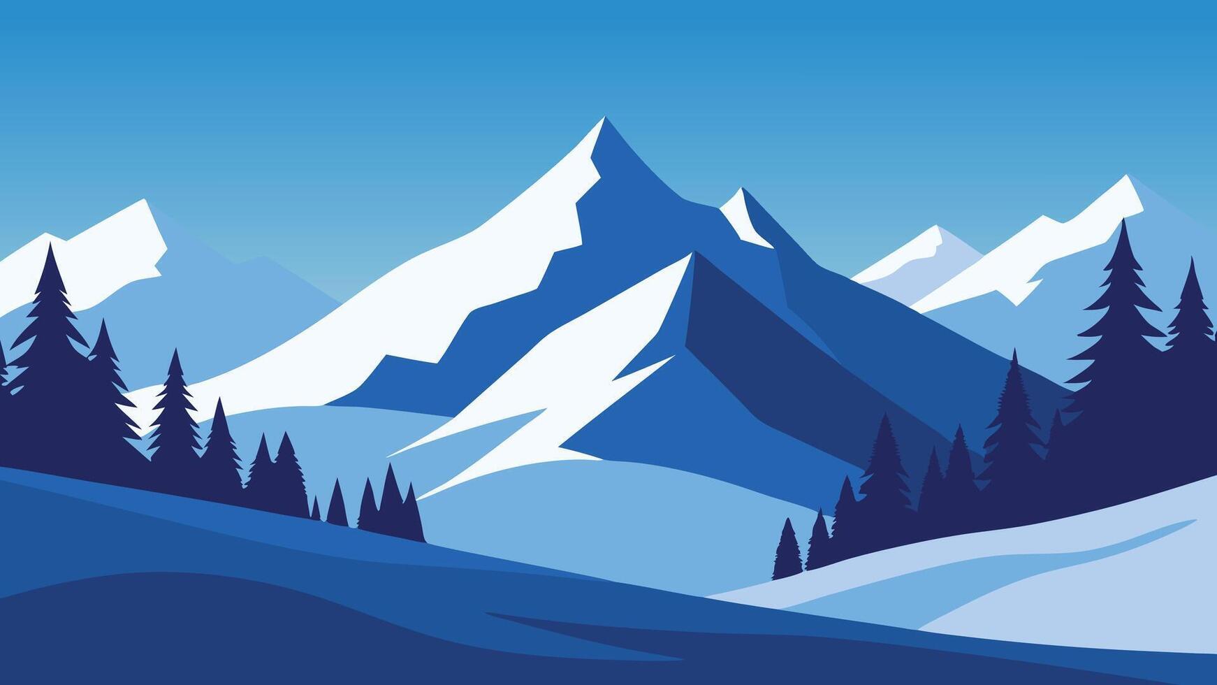 Winter scene showcasing snow covered mountains and evergreen trees flat illustration vector