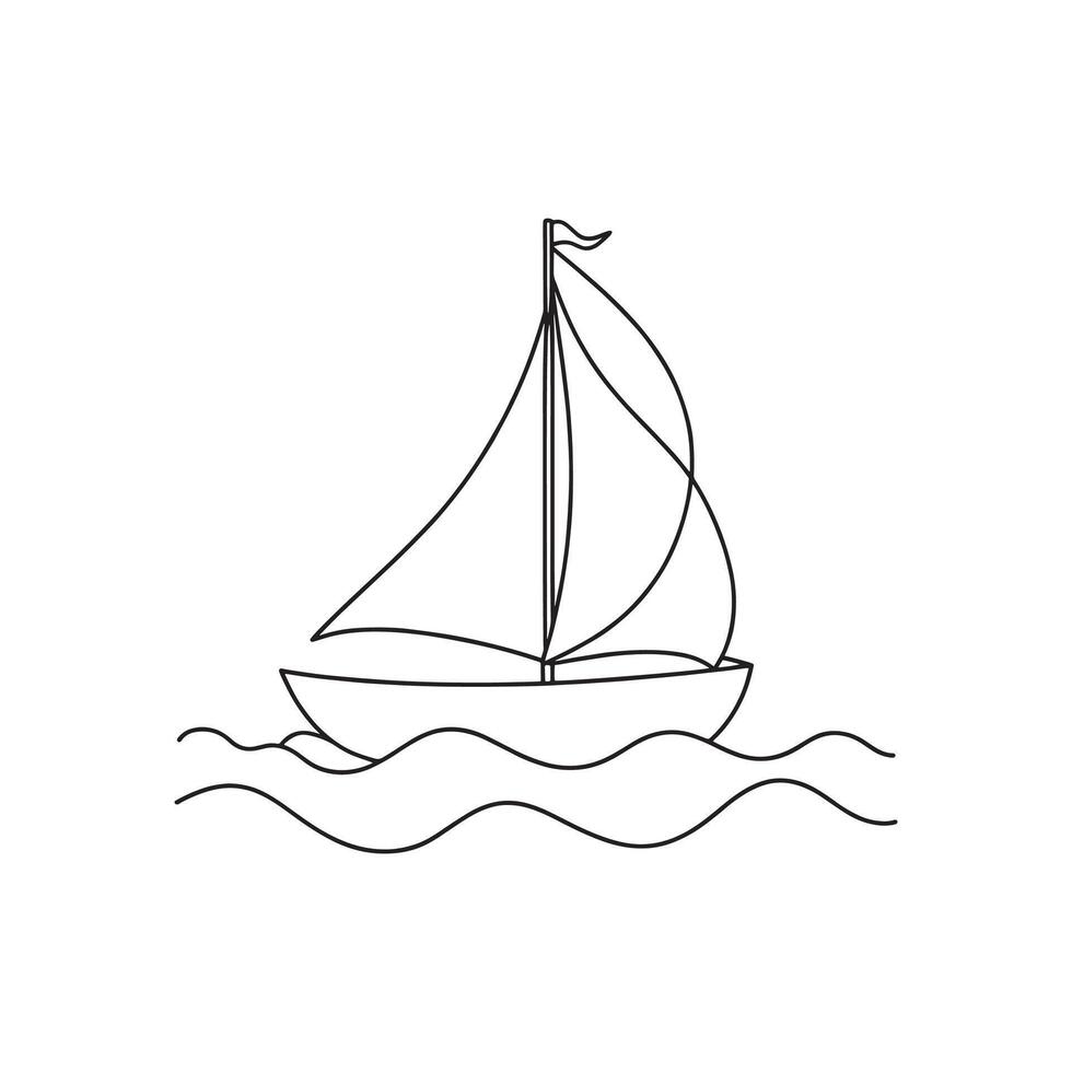 Sailboat floating on a calm sea Continuous line art flat illustration vector