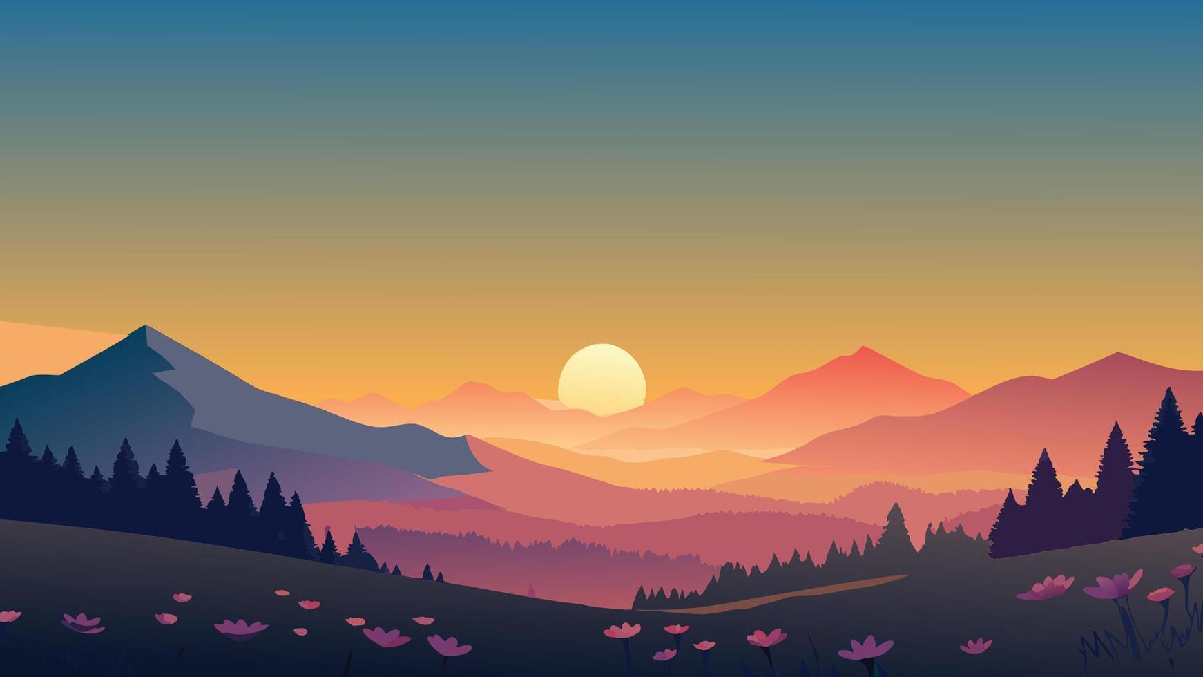 A beautiful sunset paints the sky above a field of flowers, highlighting natures beauty in a peaceful and colorful scene. flat illustration natural background vector