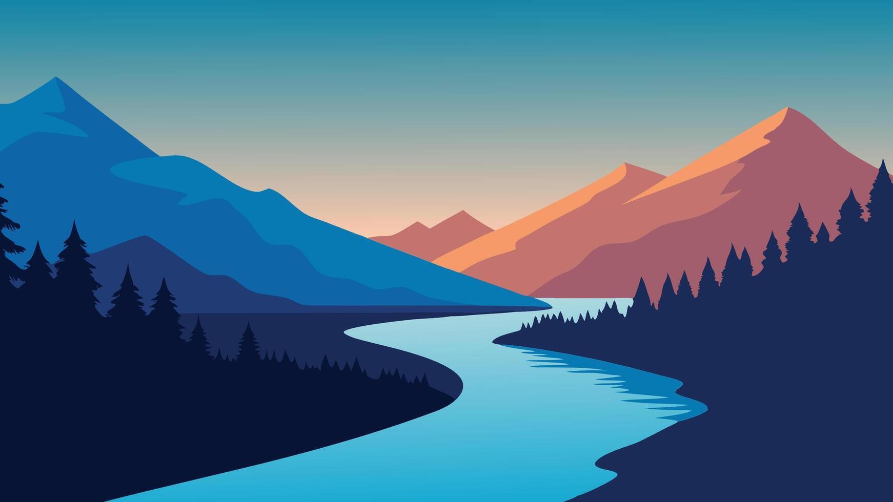 tranquil river flows between towering mountains, framed by vibrant trees and soft clouds in the sky flat illustration natural background vector