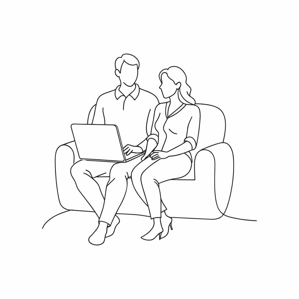 Man and woman seated on a couch, engaged with a laptop in front of them, sharing a moment of collaboration doodle line art flat illustration. vector