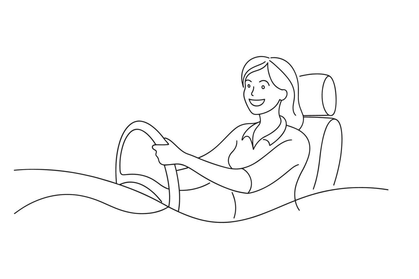 Happy Young woman driving car Continuous line art flat illustration vector