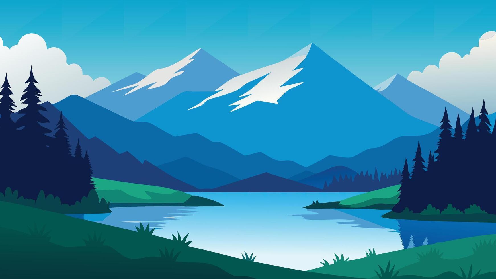 Tranquil mountain lake framed by vibrant grass and trees, showcasing the peacefulness of the natural environment. flat illustration. vector
