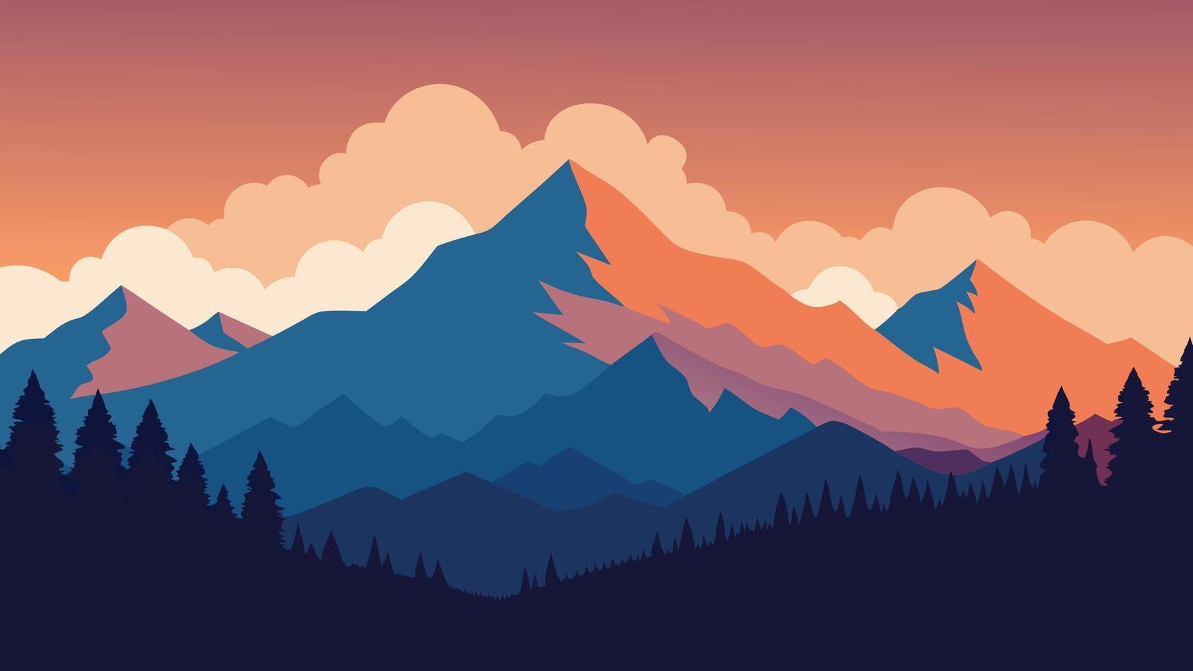 Mountain range with clouds drifting above and trees lining the foreground, showcasing nature's beauty flat illustration natural background. vector