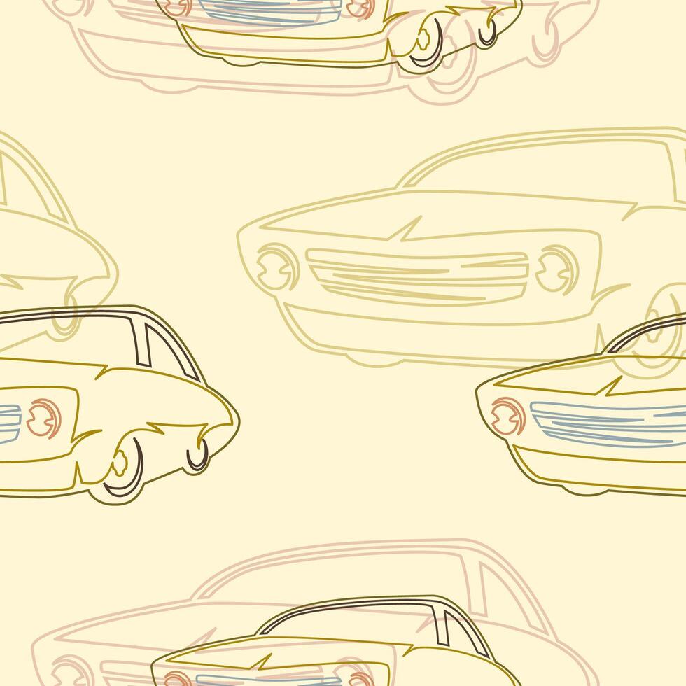 Editable Three-Quarter Oblique View Classic Retro Car Vectorized Illustration in Outline Cartoon Style with Some Colors as Seamless Pattern for Transportation or Hobby Related Background vector