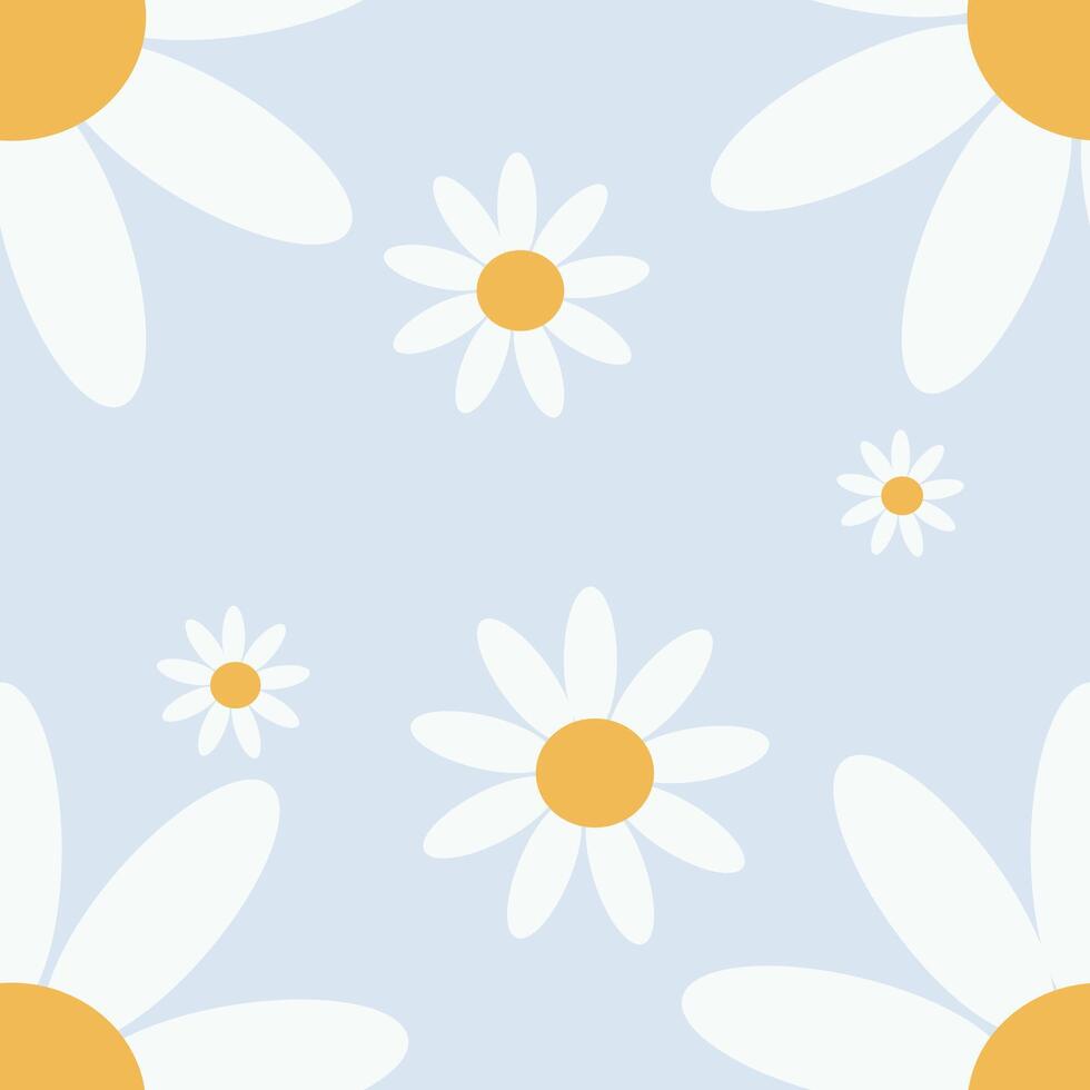 A Seamless textile with daisy flowers and meadow. A patterns with hand drawn of daisy flower on blue and purple backgrounds illustration vector