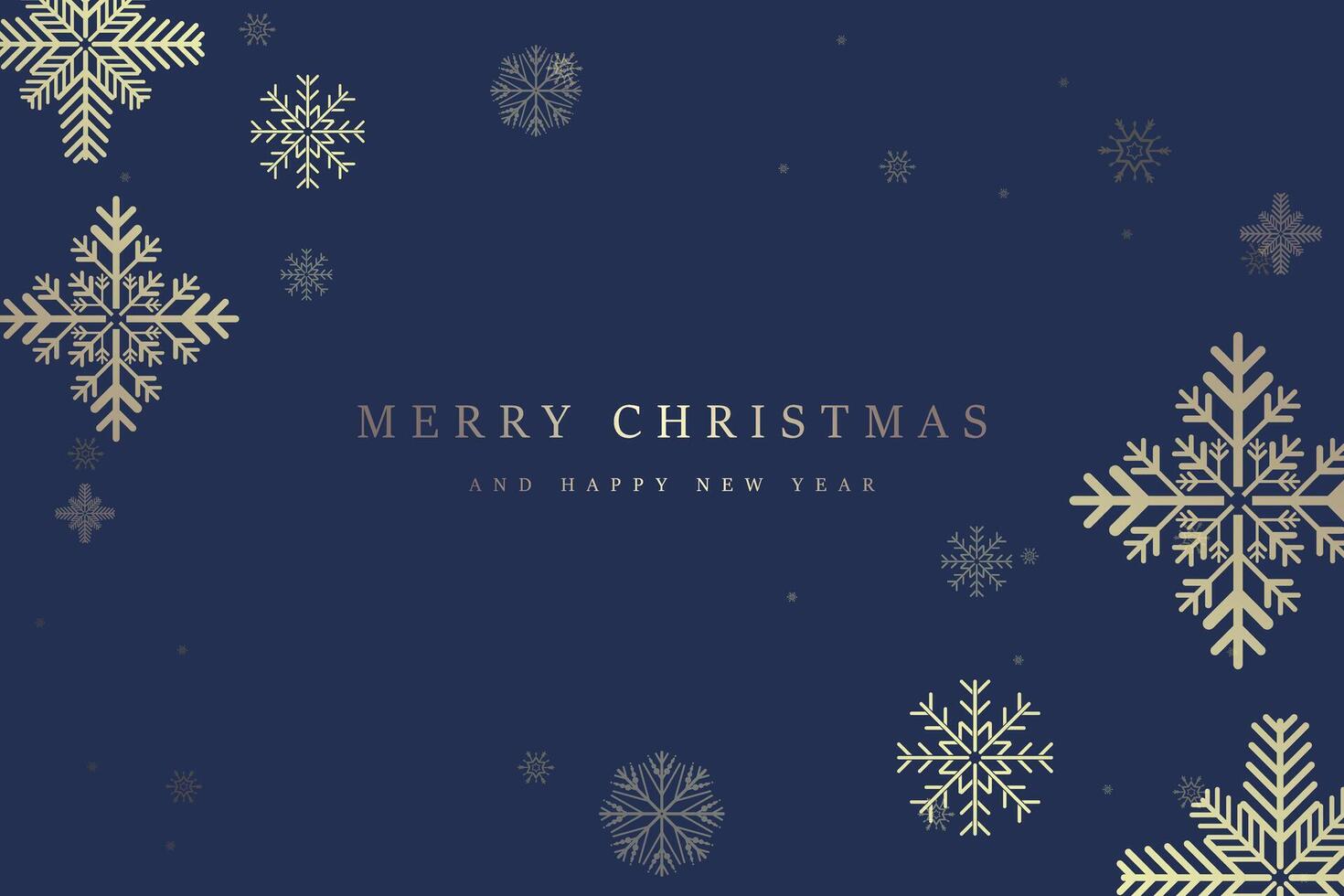 A snow flakes premium banner design, gold snow flakes on blue background. Elegant snow with A Merry Christmas and Happy New Year text for greeting card. Premium post card vector