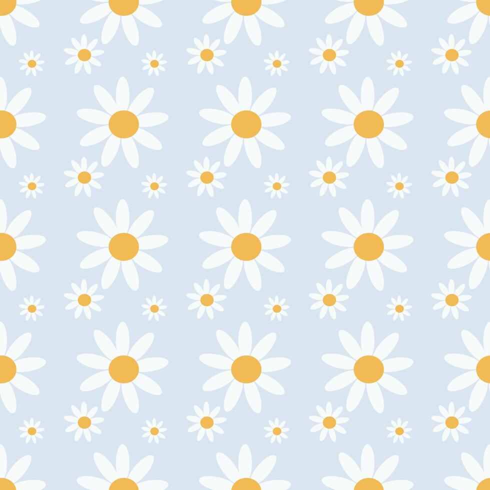 A Seamless textile with daisy flowers and meadow. Seamless patterns with hand drawn daisy flower on blue and purple backgrounds illustration vector
