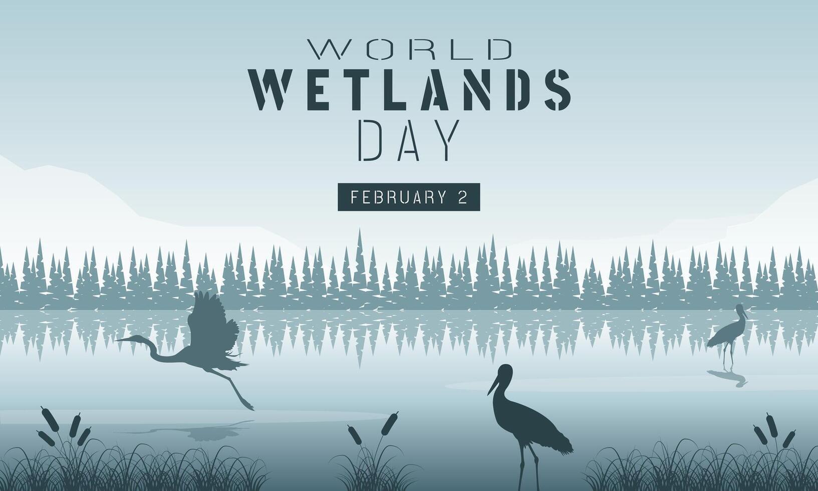 World Wetlands Day poster with silhouette of a wetland ecosystem vector