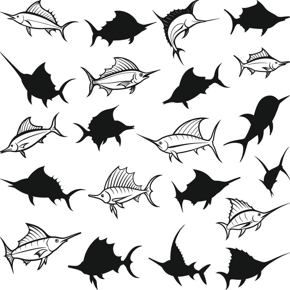 Sailfish and Marlin Fish Vectors silhouette, Set of Swordfish Silhouette Vectors Art